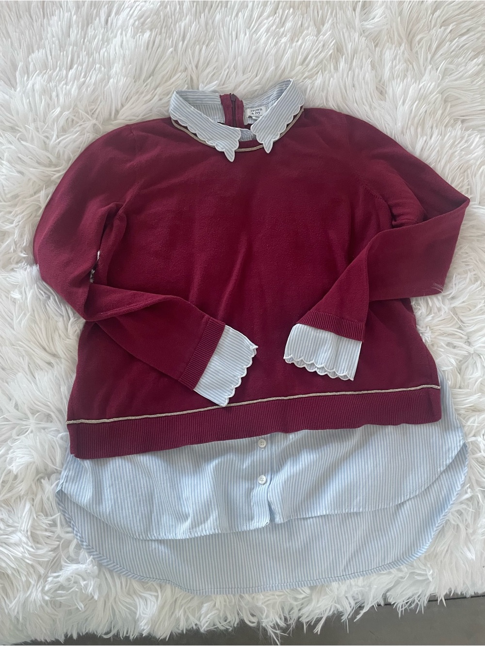 crown & ivy burgundy sweater with blue-striped scalloped collar